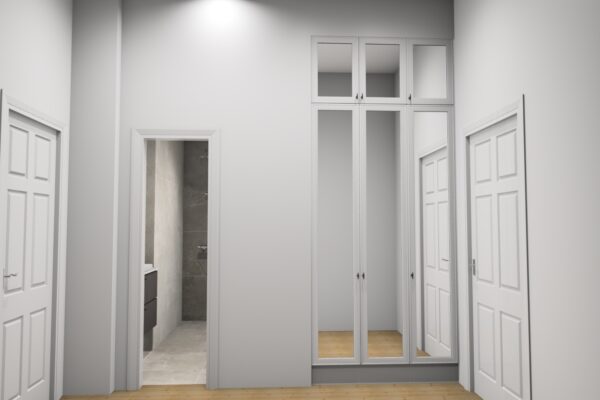 Suunnitelmakuva seinään upotetusta eteiskaapistosta.