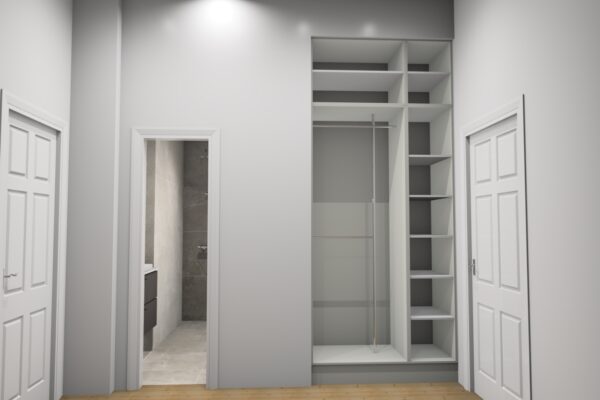 Suunnitelmakuva seinään upotetun eteiskaapiston sisäosista